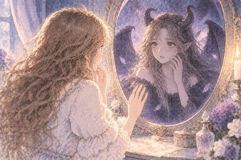 鏡に悪魔の姿となった自分を見る大人の女性