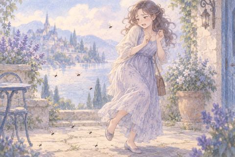 小さな虫を嫌そうに見つめる大人の女性