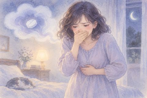 口元を押さえて吐き気をこらえる大人の女性