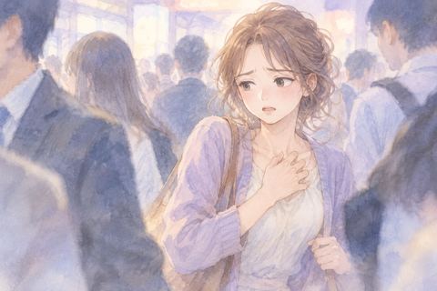 人混みの中で気分が悪そうな大人の女性