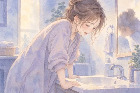 洗面台の前で吐き気のあとに休む大人の女性