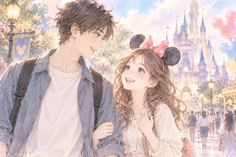 好きな人とテーマパークを歩く女性