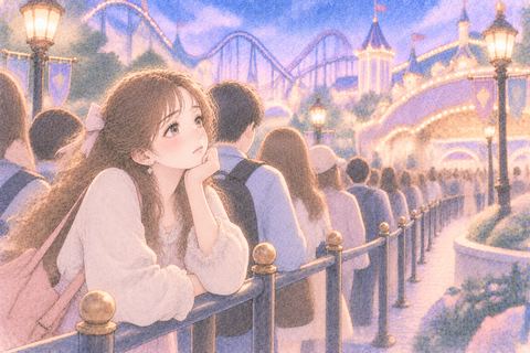 アトラクションの長い列で待つ女性
