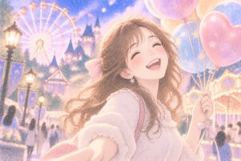 テーマパークで心から楽しむ女性