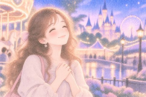テーマパークで幸せそうに微笑む女性