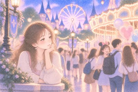 にぎやかなテーマパークで寂しそうな女性