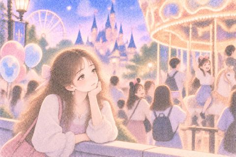 テーマパークで退屈そうにする女性