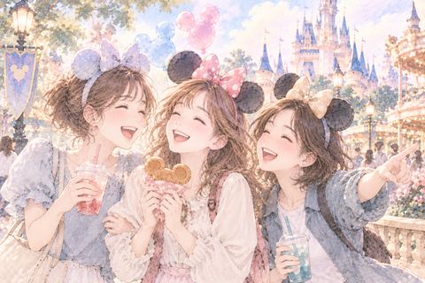 テーマパークで友達と笑う女性