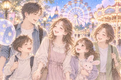家族とテーマパークを楽しむ女性