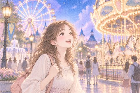 一人でテーマパークを楽しむ女性