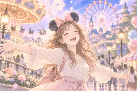テーマパークで楽しく遊ぶ女性