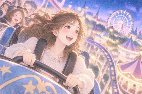 アトラクションに乗りわくわくする女性