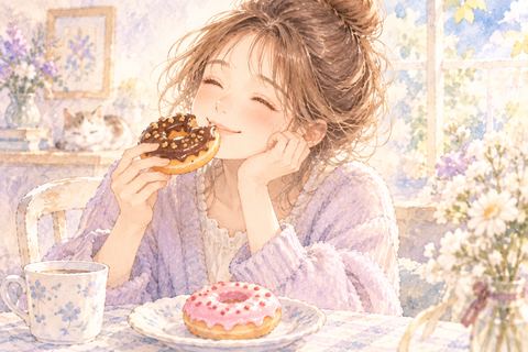 おいしいドーナツを笑顔で食べる大人の女性