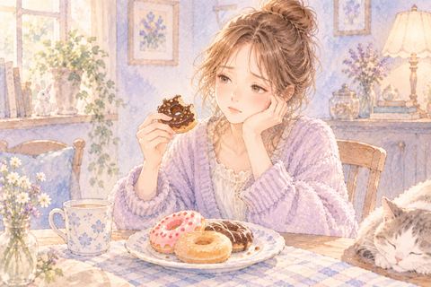 ドーナツを食べても物足りなそうな大人の女性