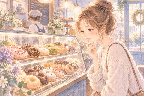 ショーケースのドーナツを楽しそうに選ぶ女性