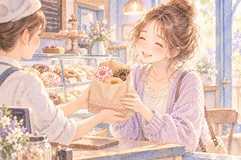 選んだドーナツを店で買う大人の女性