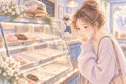 売り切れのドーナツ棚を残念そうに見る女性