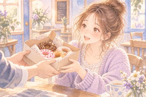 誰かからドーナツを受け取り微笑む大人の女性