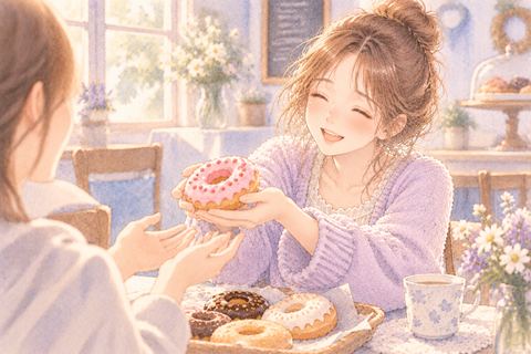 ドーナツを誰かへ笑顔で差し出す大人の女性