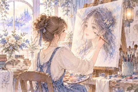 人物の肖像画を丁寧に描く大人の女性
