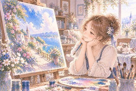 完成した絵を満足そうに眺める大人の女性
