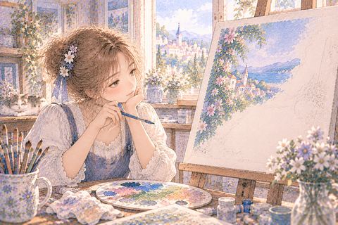 未完成のキャンバスを見つめる大人の女性