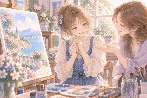 描いた絵を褒められてうれしそうな女性