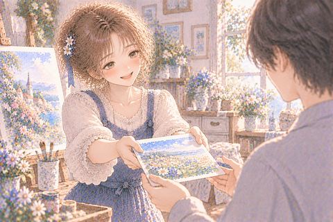 自分で描いた絵を相手へ手渡す大人の女性