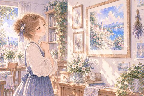 自分で描いた絵を壁に飾る大人の女性