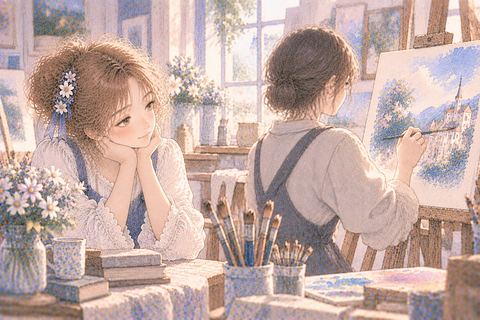 絵を描く他人を興味深そうに見る女性