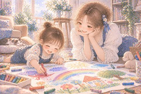 大きな紙に自由に絵を描く子どもと女性