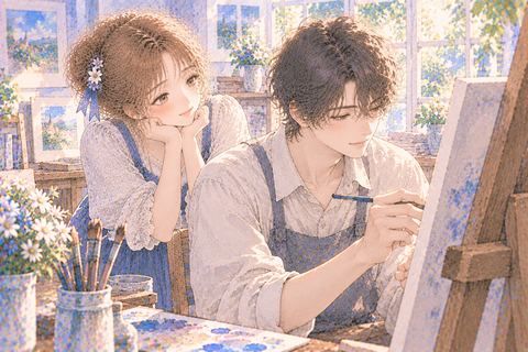 絵を描く好きな男性を見つめる大人の女性