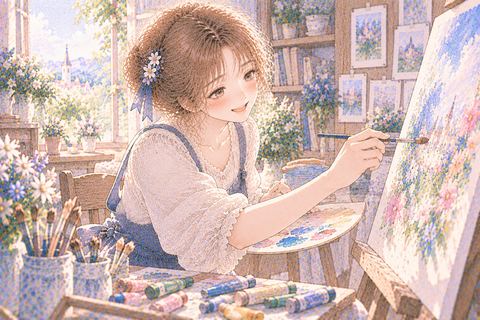 笑顔で自由に絵を描く大人の女性