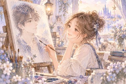 好きな男性の絵を描き微笑む大人の女性