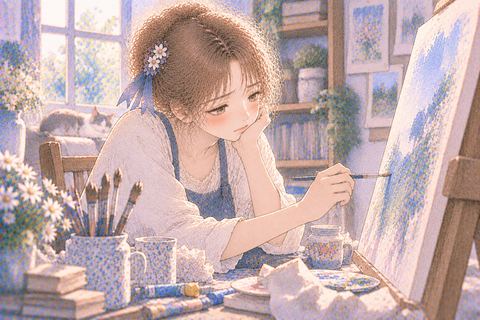 気が進まない様子で絵を描く大人の女性