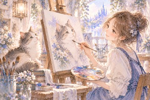 猫の絵を楽しそうに描く大人の女性