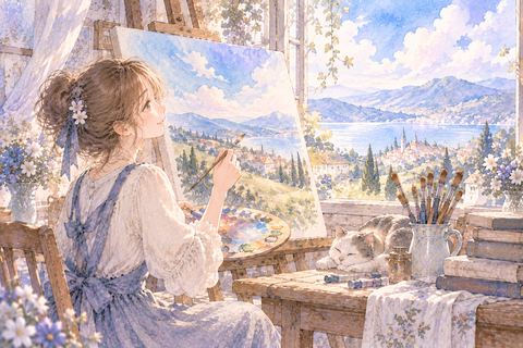 開放的な風景画を描く大人の女性