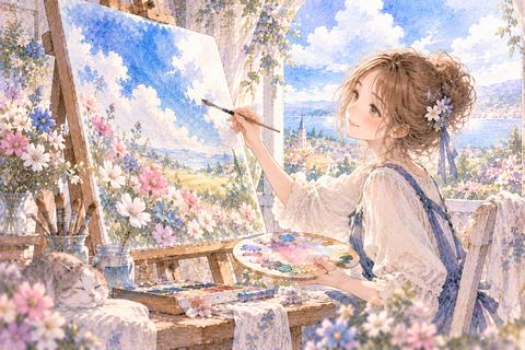 花と青空の絵を描く大人の女性