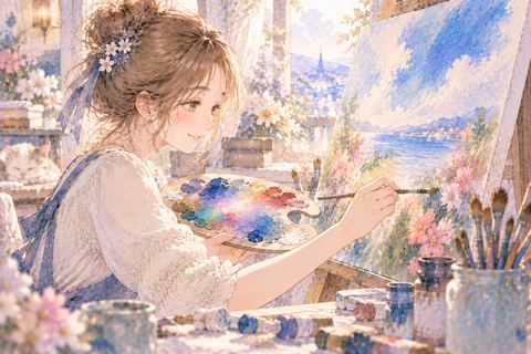 絵の具を混ぜながら絵を描く大人の女性