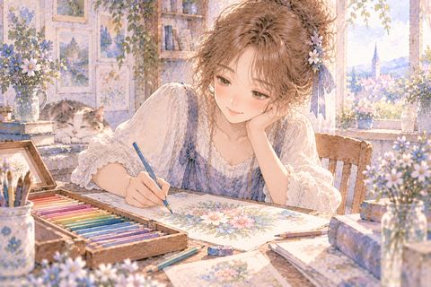 色鉛筆を選び細かな絵を描く大人の女性