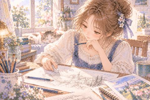 鉛筆で下書きを描き直す大人の女性