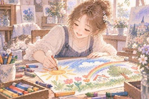 クレヨンでのびのび絵を描く大人の女性