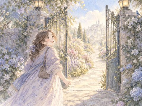 閉ざされていた門の先へ嬉しそうに歩き出す女性
