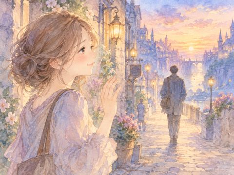 夢の街で去っていく懐かしい人を寂しそうに見送る女性