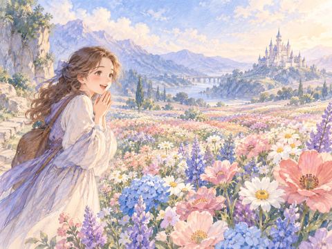 お城を目指した先の花畑に驚いて微笑む女性
