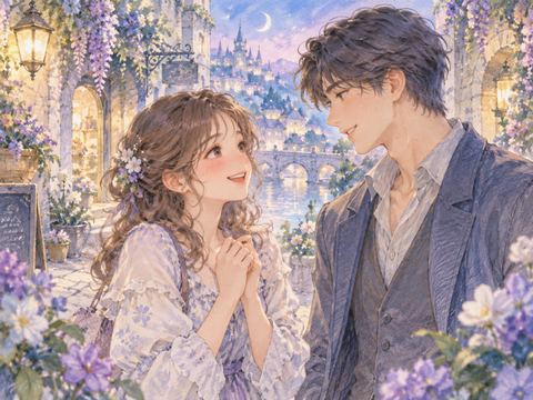 夢の街で好きな男性と再会して笑顔で会話する女性