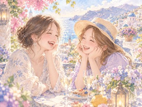 夢の旅行先で親しい友人と笑い合う女性