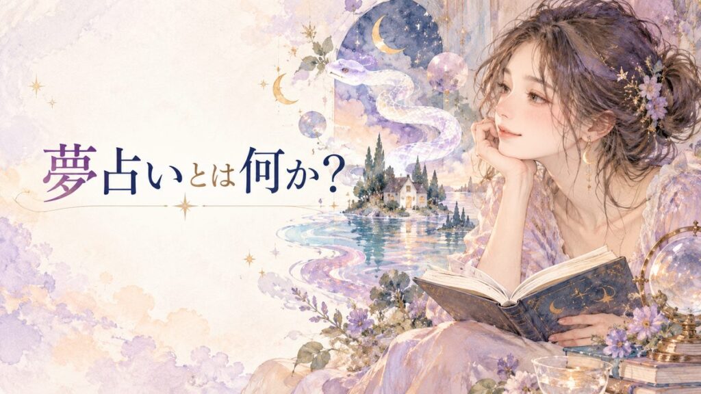 夢のノートを開く大人の女性と、浮かぶ蛇や家、水の夢の象徴
