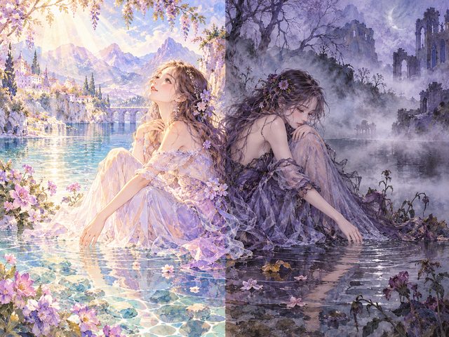 澄んだ水辺と濁った水辺を対比した夢の象徴のイラスト