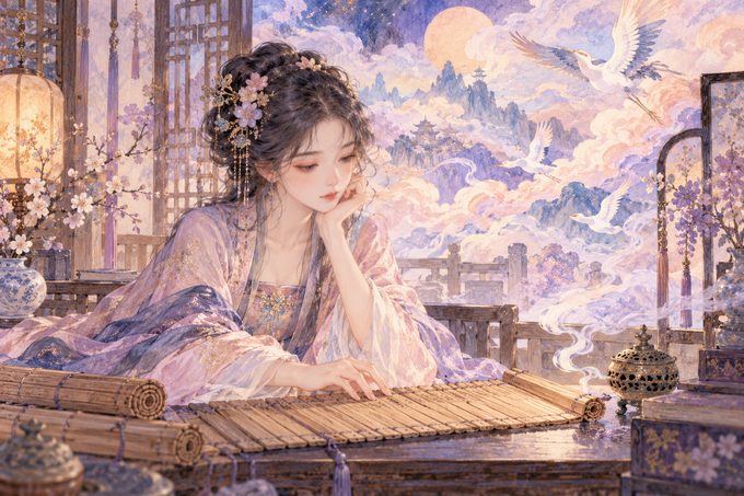 古代中国を思わせる書物と夢の象徴を描いた歴史的な場面